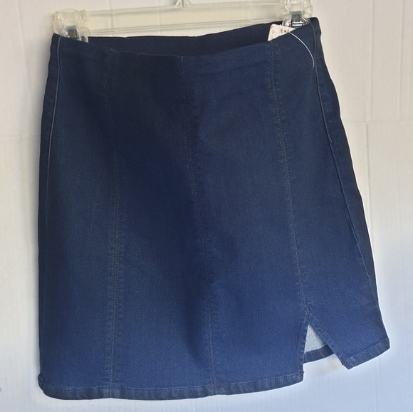 Free People Femme Fatale Mini Dark Denim Blue Split Hem Pull-On Skirt Sz Sm - Picture 14 of 16